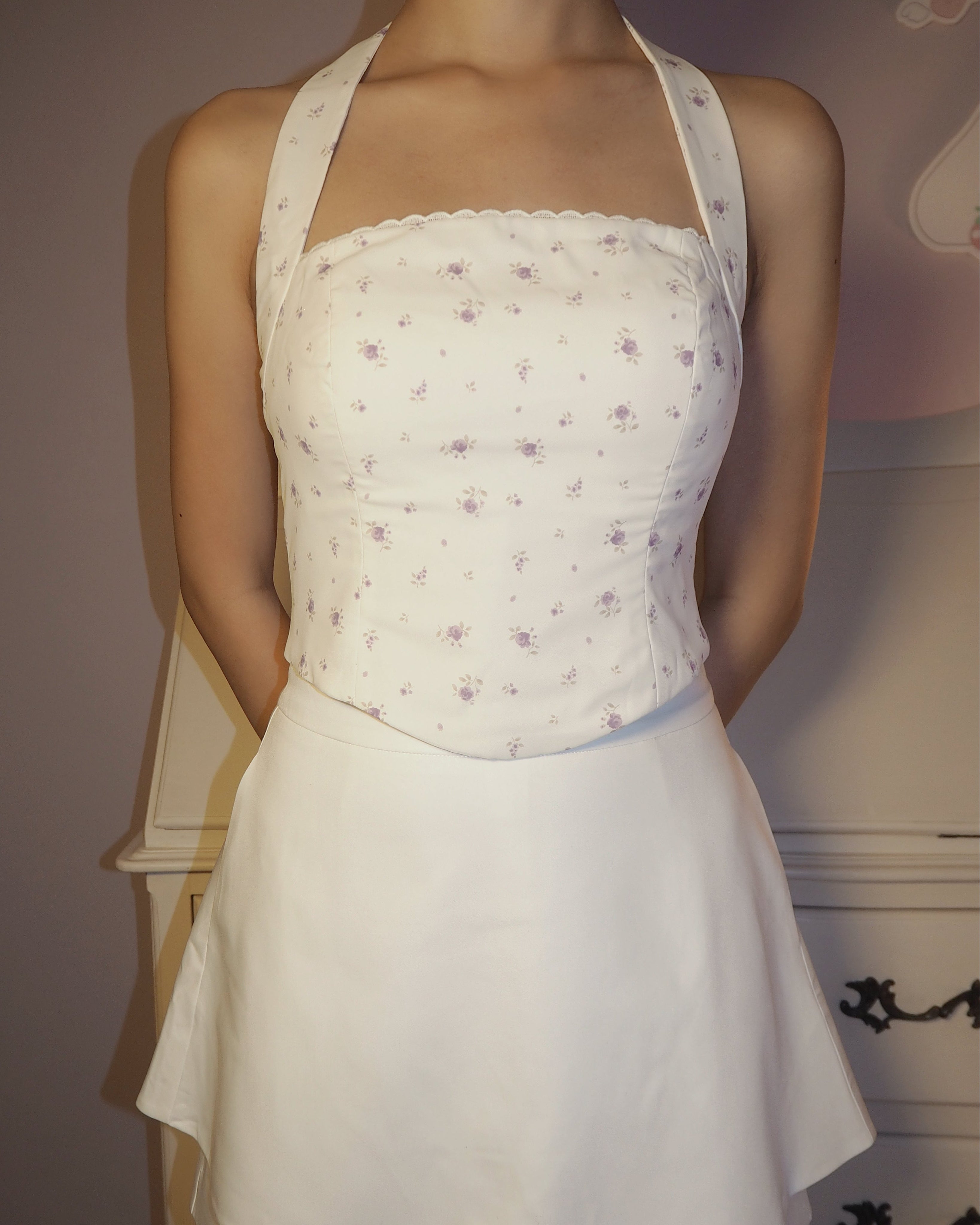 Heather Halter Tie Corset Top (Purple Florals)