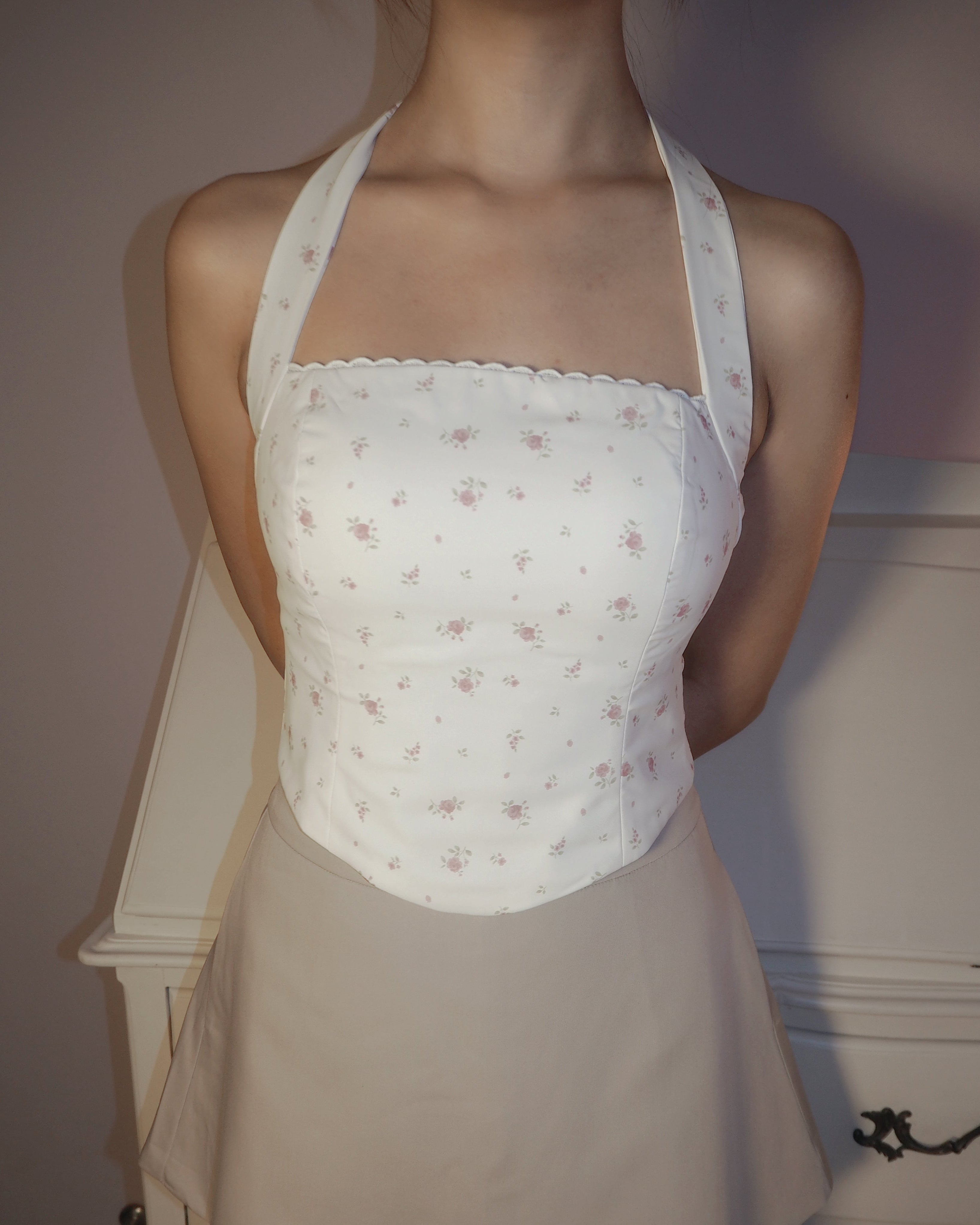 Heather Halter Tie Corset Top (Pink Florals)