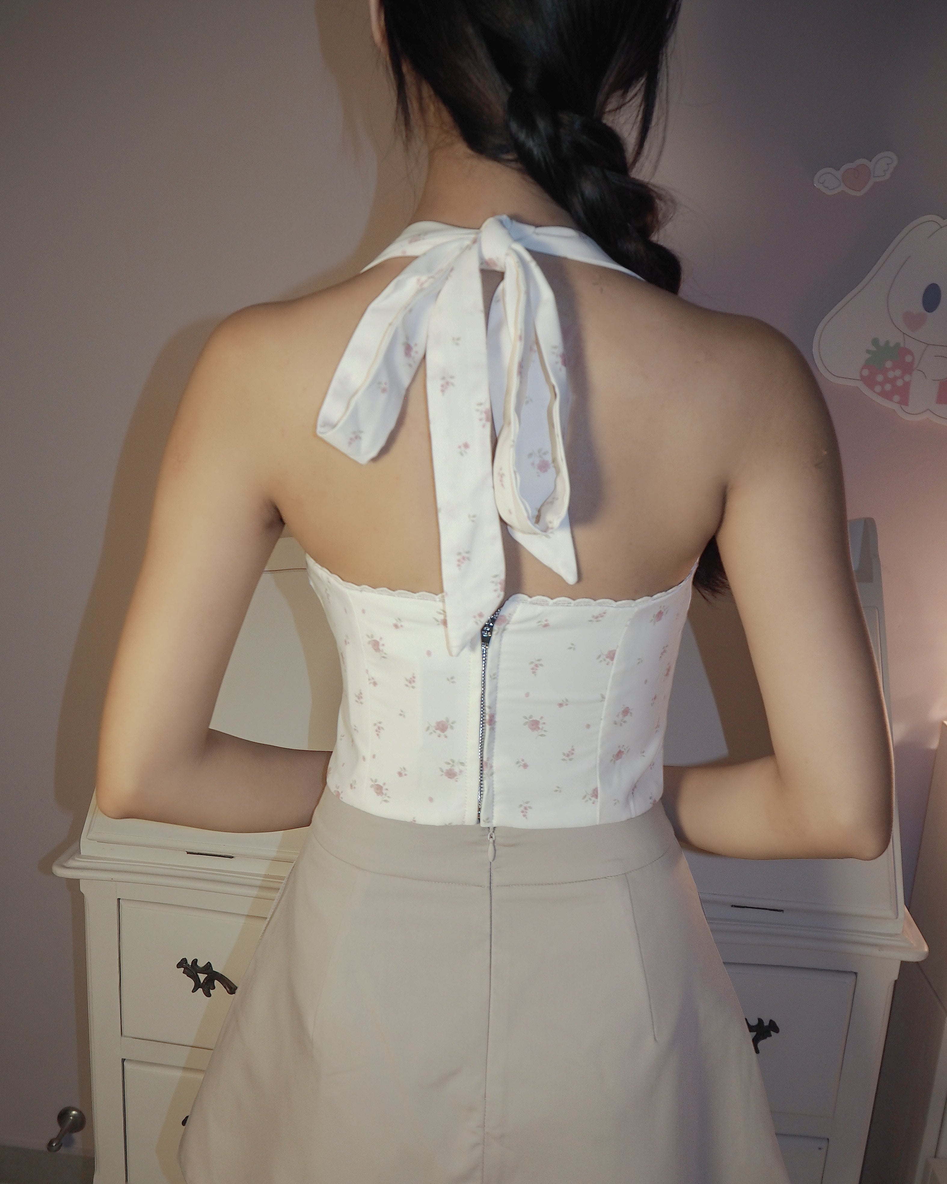 Heather Halter Tie Corset Top (Pink Florals)